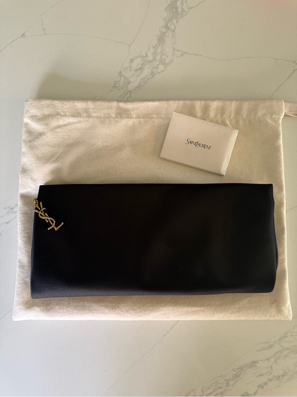 Saint Laurent Black Satin Clutch with Gold YSL Logo